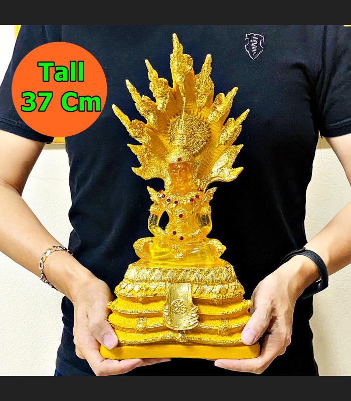 Buddha Statue Prevent Gold Naga Nakpog Cobra 7head Coiled Base Thai Amulet 17045
