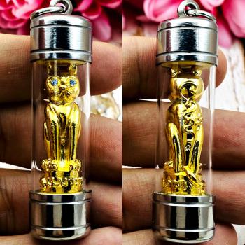 Windfall Fulfill Wealth Lucky Cat Kitty Magic Rich LP SomChay Thai Amulet #17081