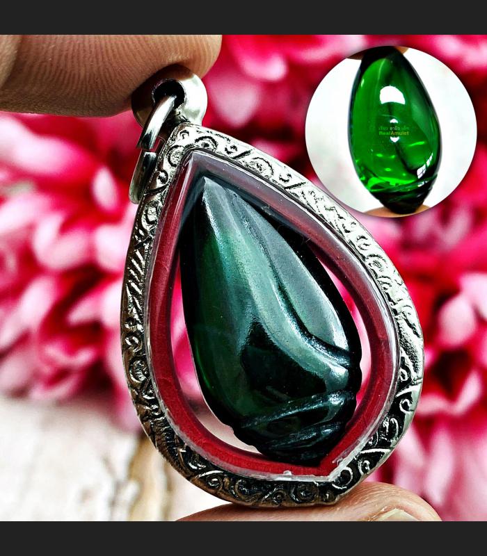 Leklai Naga Eye River Cave Powerful Healing Wealth Shell Green Thai Amulet 17164