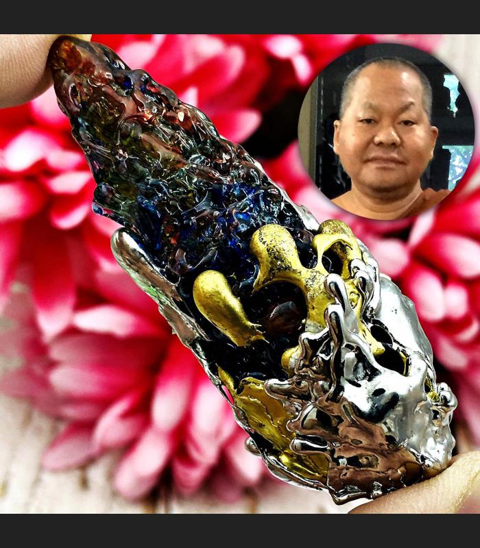 Leklai Kaew 3in1 Bullet Gold Silver Immortal Survive Somporn Thai Amulet #17197