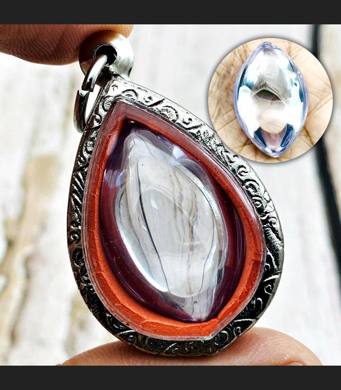 Leklai Nakee Buddha Naga Eye Prevent Life Stone Limpid White Thai Amulet #17203