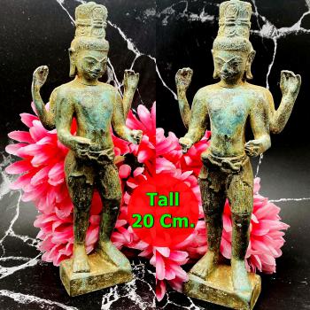 Ancient Khmer Magic Dvaravati Standing Buddha 4hand Green Bronze Statue #17223