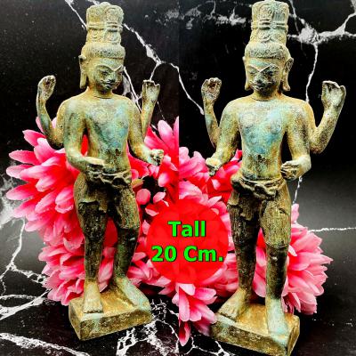 Ancient Khmer Magic Dvaravati Standing Buddha 4hand Green Bronze Statue #17223