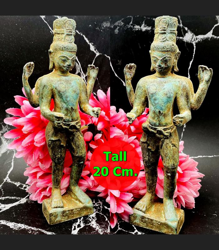 Ancient Khmer Magic Dvaravati Standing Buddha 4hand Green Bronze Statue #17223