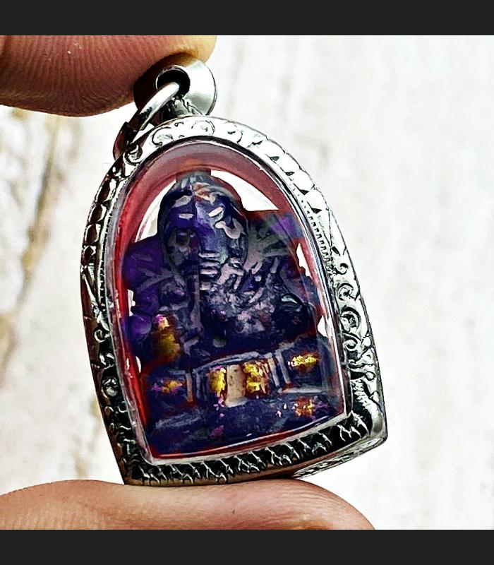 Naga Eye Ganesha Elephant Leklai Stone Purple Ancient KruHod Thai Amulet #17303