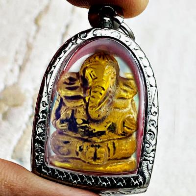 Naga Eye Ganesha Elephant Leklai Stone Yellow Pikanet KruHod Thai Amulet #17304