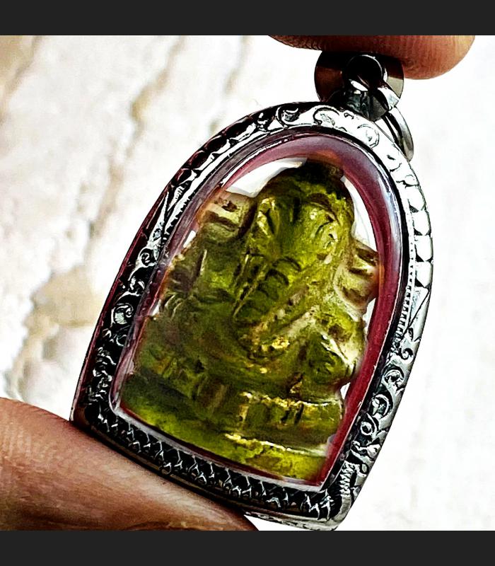 Pikanet Naga Eye Ganesha Elephant Leklai Stone Green KruHod Thai Amulet #17305