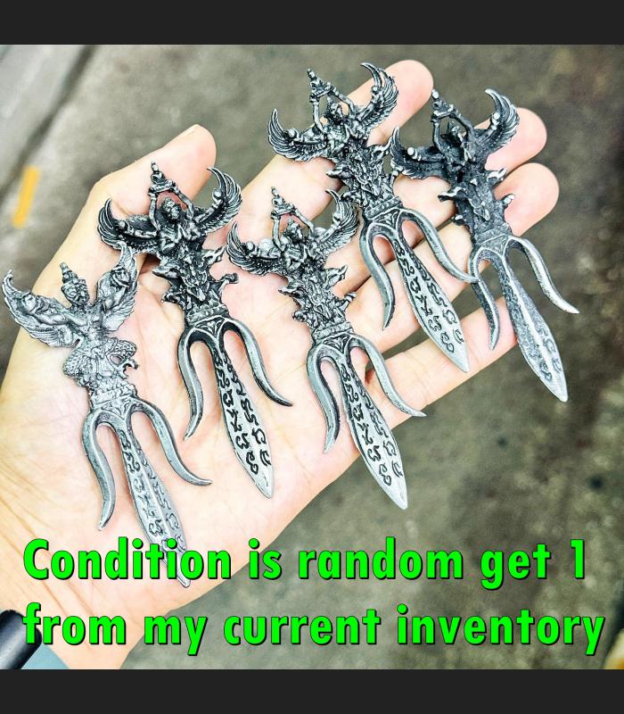 Trident Knife Meedmor Garuda Half Bird Welath Rich Mass Chant Thai Amulet #17358