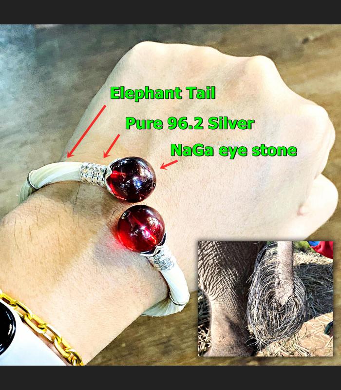 Bracelet Naga Eye Leklai Healing Stone Elephant Tail Silver Thai Amulet #17360