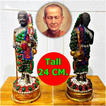 Ancient Jade Gems Crystal Bronze Statue Walking Sivali Wealth Thai Amulet #17369