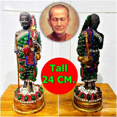 Ancient Jade Gems Crystal Bronze Statue Walking Sivali Wealth Thai Amulet #17369