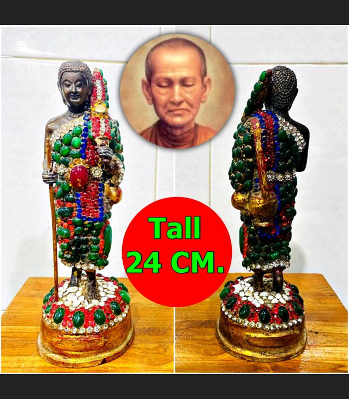 Ancient Jade Gems Crystal Bronze Statue Walking Sivali Wealth Thai Amulet #17369