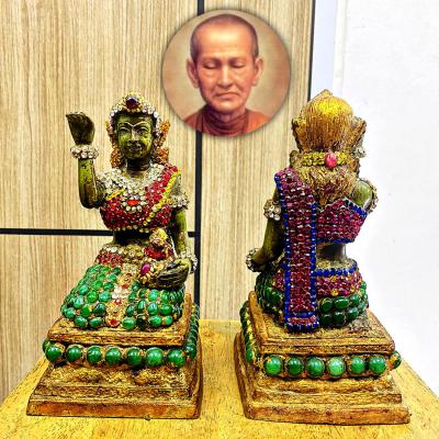 Ancient Nangkwag Beckon Gems Wealth Jade Leklai Bronze Statue Thai Amulet #17371