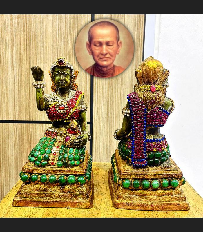 Ancient Nangkwag Beckon Gems Wealth Jade Leklai Bronze Statue Thai Amulet #17371