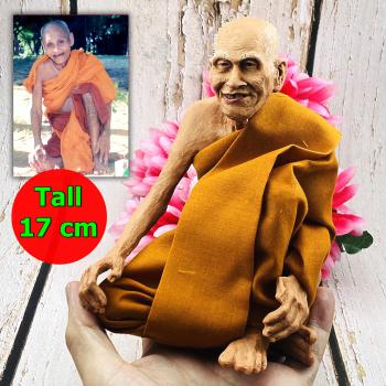 Lifelike Wax Fine Art Monk Statue Lp Suang Sit On Knees 17cm Thai Amulet #17424