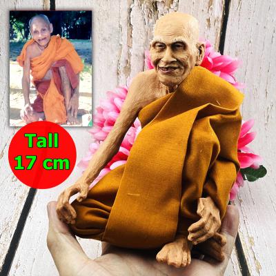 Lifelike Wax Fine Art Monk Statue Lp Suang Sit On Knees 17cm Thai Amulet #17424