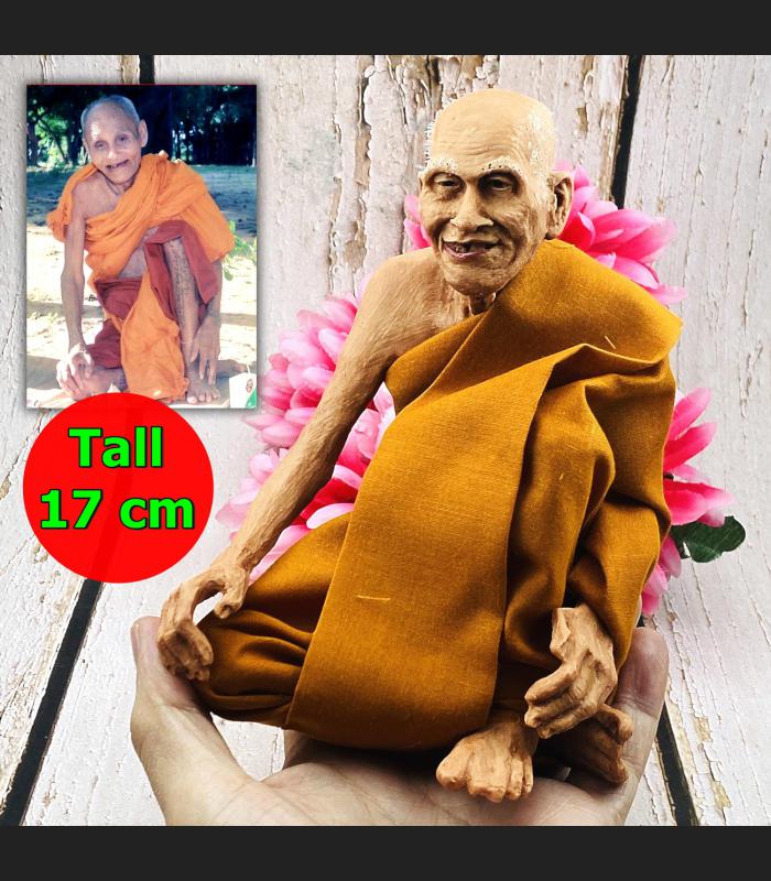 Lifelike Wax Fine Art Monk Statue Lp Suang Sit On Knees 17cm Thai Amulet #17424