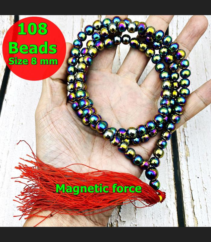 Necklace 8mm Leklai Mala 108 Beads Magnetic Rainbow Somporn Thai Amulet #17426
