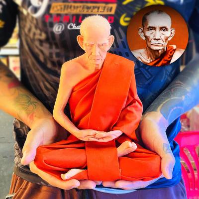 Large Lifelike Wax Art Monk Statue Lp Kuay Guay Watkositaram Thai Amulet #17576 Meditation 9 Inch