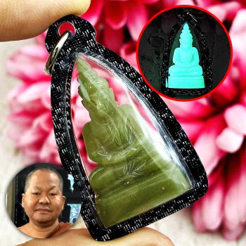 Leklai Buddha Lucky Green Glow In Dark Stone Wealth Somporn Thai Amulet #17635