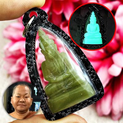 Leklai Buddha Lucky Green Glow In Dark Stone Wealth Somporn Thai Amulet #17635