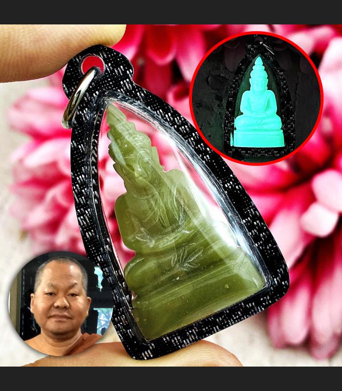 Leklai Buddha Lucky Green Glow In Dark Stone Wealth Somporn Thai Amulet #17635