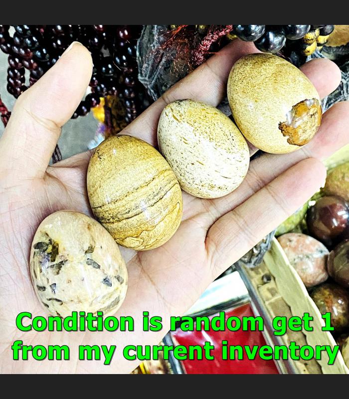 Leklai Naga Egg Charm Protection River Rock Lucky Stone Yellow Thai Amulet 17696