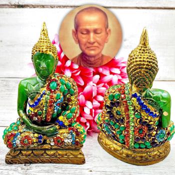 Buddha Green Statue Naga Eye Gems Jade Stone Leklai Ancient Thai Amulet #17767