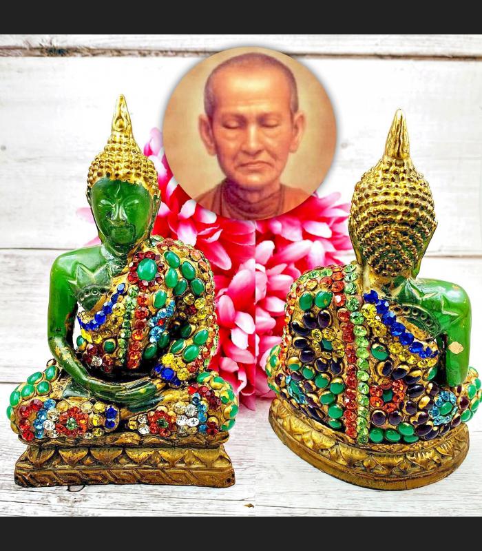 Buddha Green Statue Naga Eye Gems Jade Stone Leklai Ancient Thai Amulet #17767