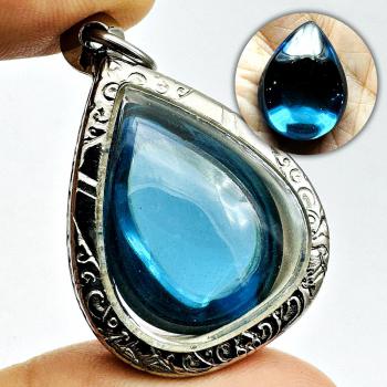 Leklai Naga Eye Tear Stone Crystal Magic Lucky Fast Rich Blue Thai Amulet #17906