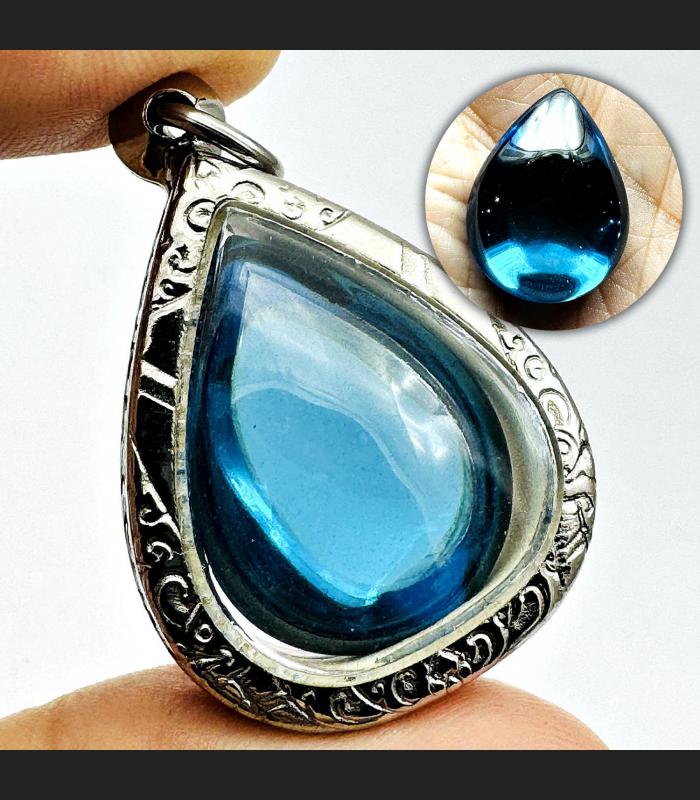 Leklai Naga Eye Tear Stone Crystal Magic Lucky Fast Rich Blue Thai Amulet #17906