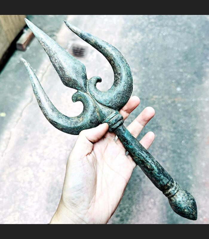 Ancient Artefacts Khmer Bronze Warrior Trident Trishul Angkor Protection #17936