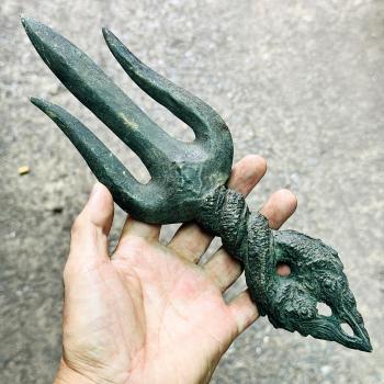 Antique Trident Trishul Bayon Khmer Bronze Deity Dragon Naga Vajra Dorje #17942