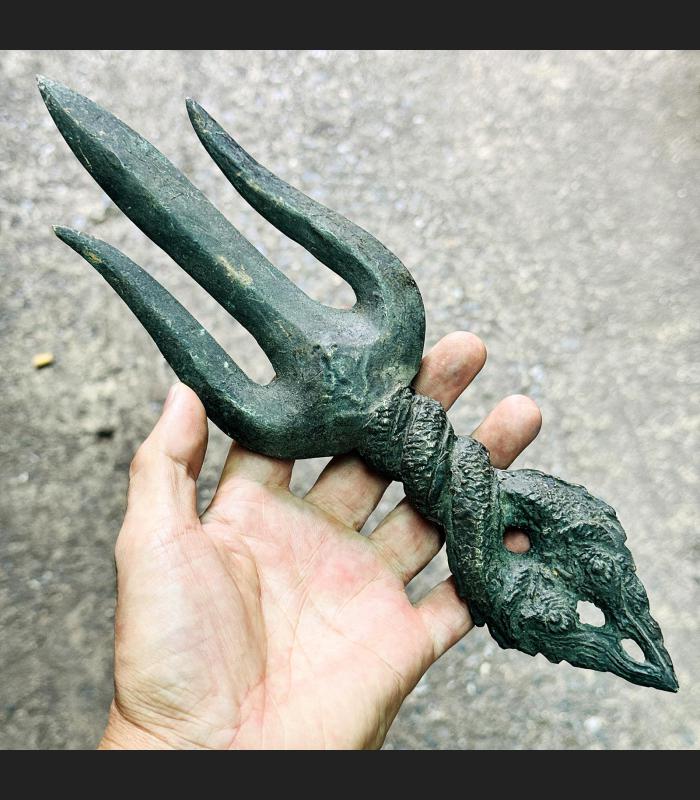 Antique Trident Trishul Bayon Khmer Bronze Deity Dragon Naga Vajra Dorje #17942