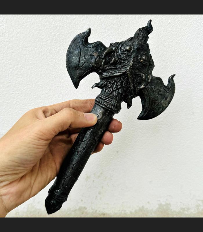 Antique Deity Weapon Iron Magic Axe Twin Blade Warrior Naga Dragon Serpent 17959