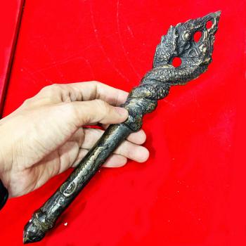 Antique Khmer Deity Weapon Bronze Ancien Warrior Scepter Wand King PayaNak 17969