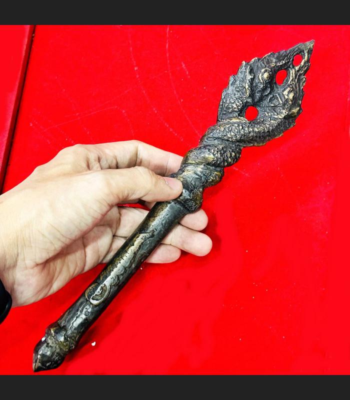 Antique Khmer Deity Weapon Bronze Ancien Warrior Scepter Wand King PayaNak 17969