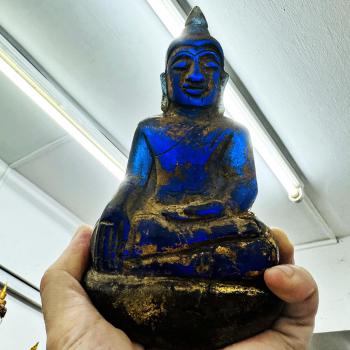 Antique Leklai Quartz Crystal Buddha Statue Blue Stone KruHod Thai Amulet #17978