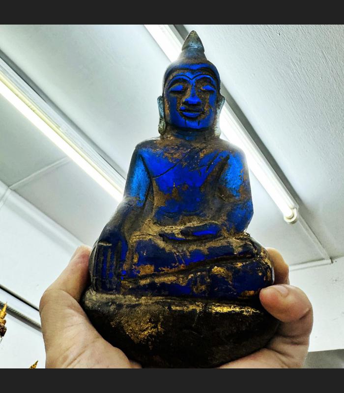 Antique Leklai Quartz Crystal Buddha Statue Blue Stone KruHod Thai Amulet #17978