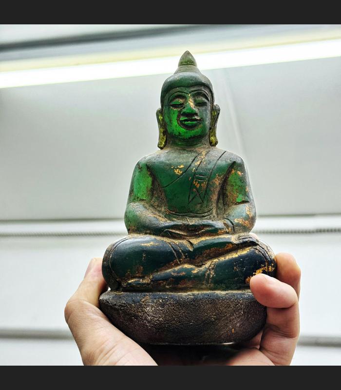 Antique Leklai Quartz Crystal Buddha Green Stone Statue KruHod Thai Lanna #17979