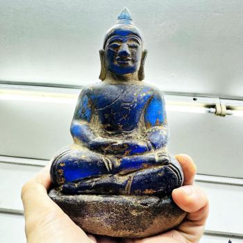 Antique Leklai Quartz Crystal Buddha Blue Stone Statue KruHod Thai Lanna #17980