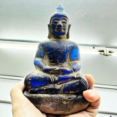 Antique Leklai Quartz Crystal Buddha Blue Stone Statue KruHod Thai Lanna #17980