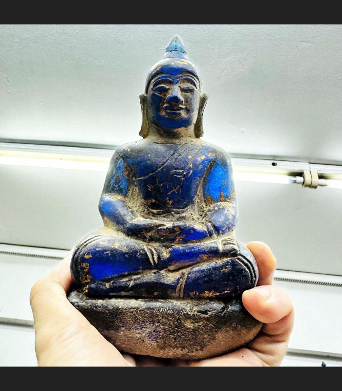 Antique Leklai Quartz Crystal Buddha Blue Stone Statue KruHod Thai Lanna #17980