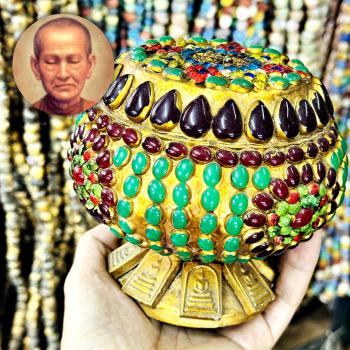 Ancient Bowl Jade Gems Stone Naga Eye Leklai Somdej Toh Lucky Thai Amulet #17998