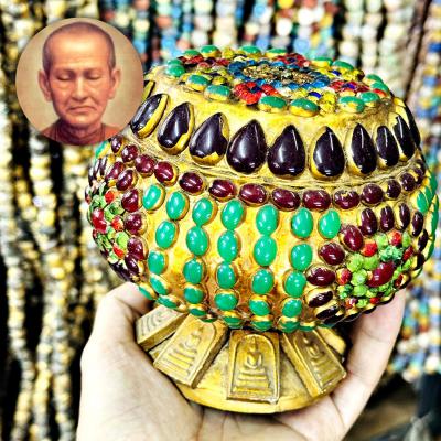 Ancient Bowl Jade Gems Stone Naga Eye Leklai Somdej Toh Lucky Thai Amulet #17998