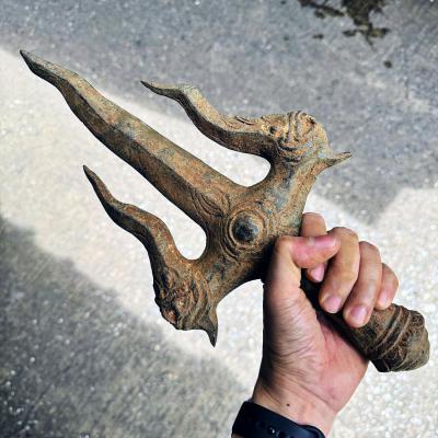 Antique Trident Trishul Bayon Khmer Bronze Dragon Deity Vajra Indra Dorje #18006