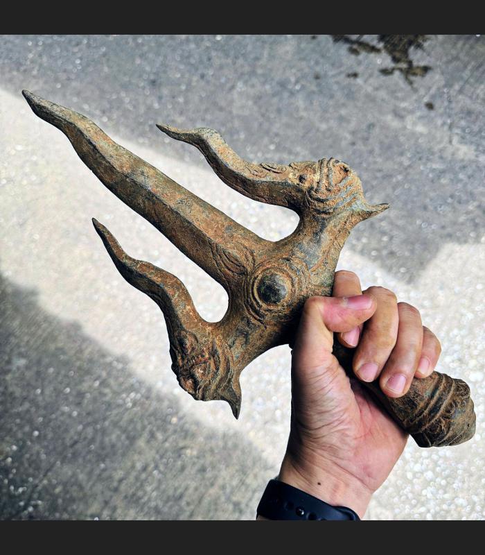 Antique Trident Trishul Bayon Khmer Bronze Dragon Deity Vajra Indra Dorje #18006