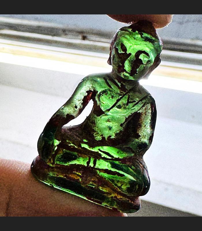 Antique Leklai Quartz Crystal Buddha Stone Kruhod Wealth Green Thai Amulet 18014