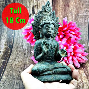 Antique 100y Dvaravati Khmer Deity Green Bronze Statue Teach World Flame #18037