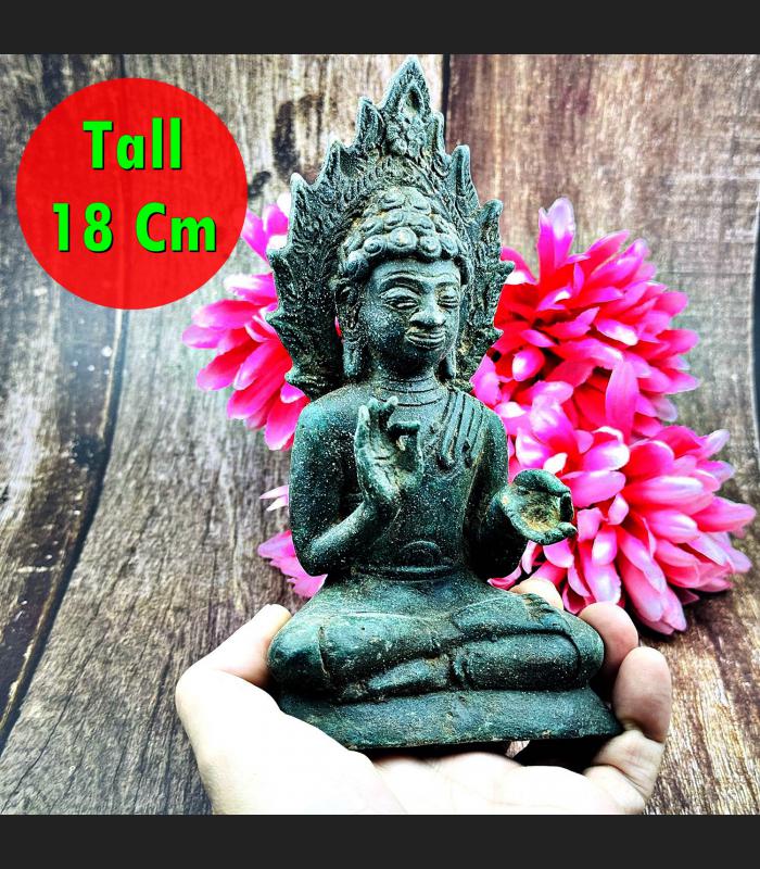 Antique 100y Dvaravati Khmer Deity Green Bronze Statue Teach World Flame #18037
